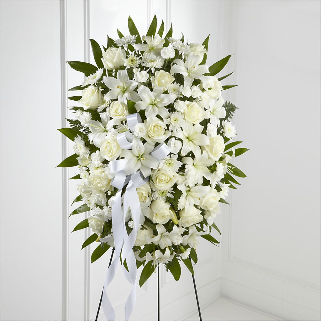 Exquisite Tribute Standing Spray-White Ribbon – CASSIDY'S FLOWERS, Newmarket ON