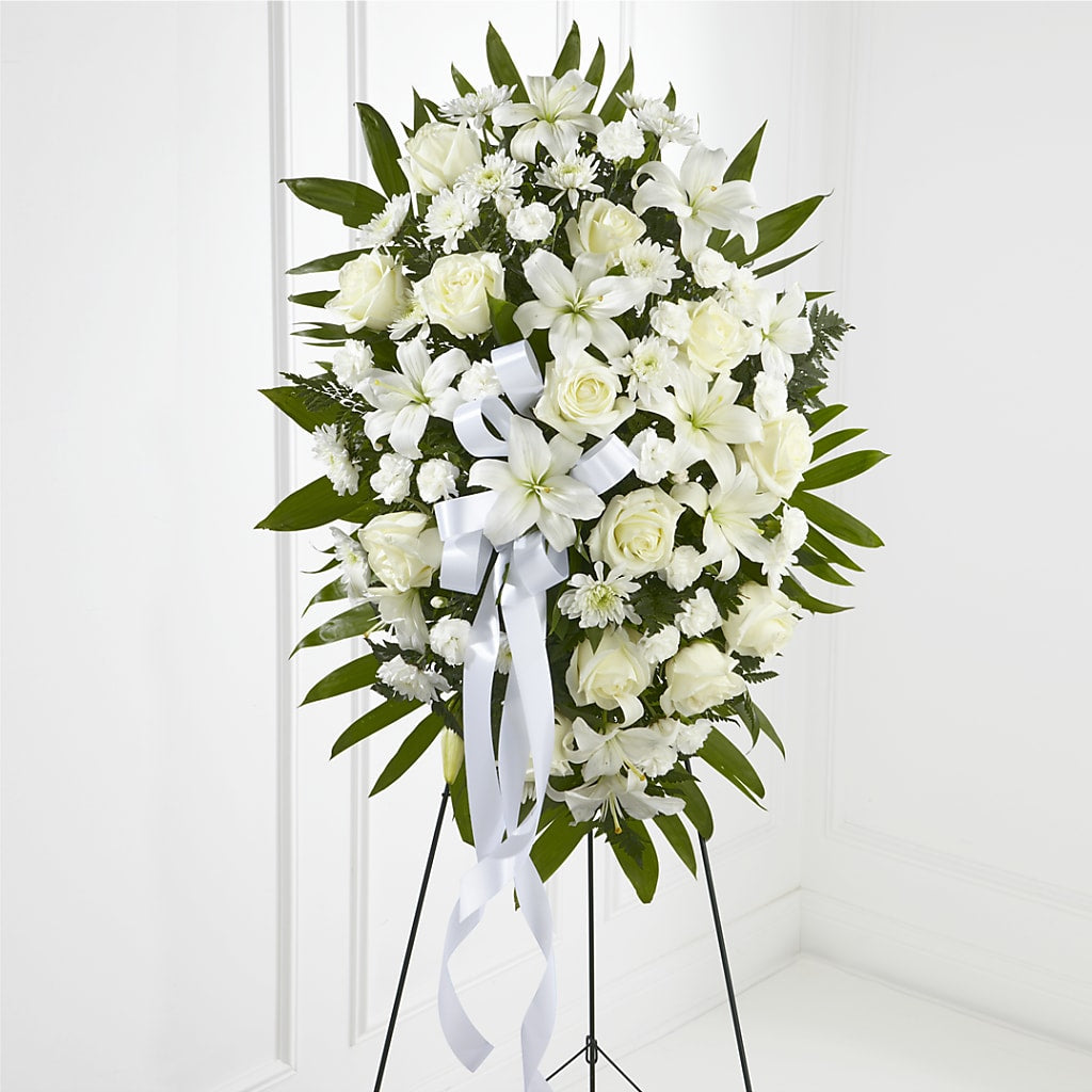Exquisite Tribute Standing Spray-White Ribbon – CASSIDY'S FLOWERS, Newmarket ON