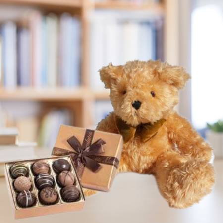 Teddy bear and chocolate gift basket on sale