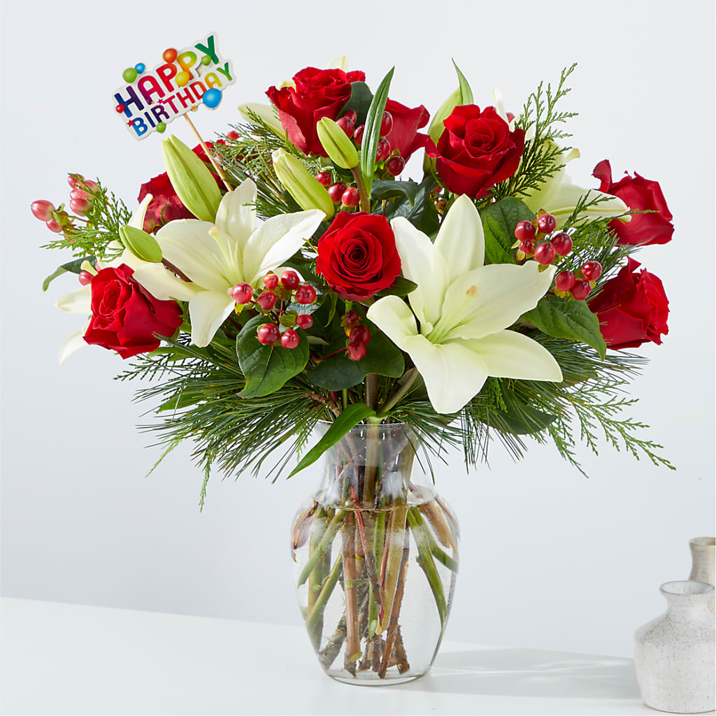 Bouquet Evergreen Delight et décoration « Joyeux anniversaire »