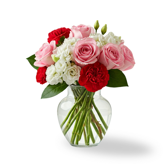 A romantic bouquet featuring pink roses, red carnations, and white stock flowers, arranged in a clear glass vase with soft greenery accents.