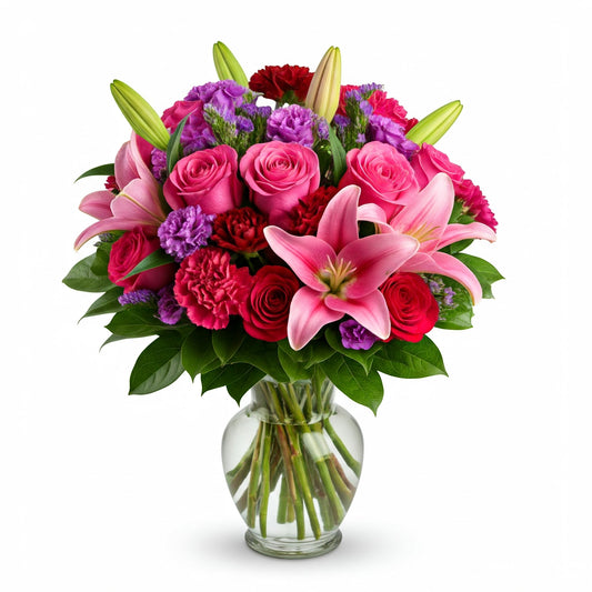 Romantic bouquet of deep pink roses, jewel-toned carnations, pink lilies, purple statice, and lush greenery in a clear glass vase, symbolizing endless love and devotion.