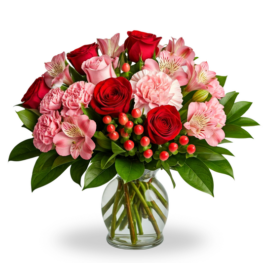 Elegant bouquet with pink alstroemeria, pink carnations, red roses, red hypericum berries, and lush greenery in a clear glass vase, perfect for expressing heartfelt affection.