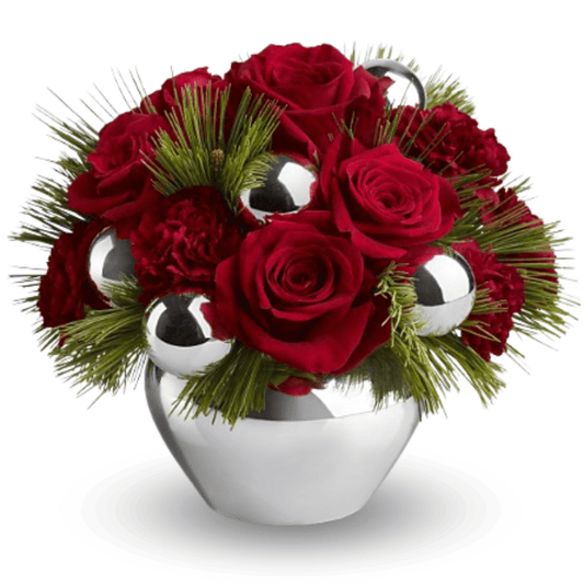 Silver Bells Bouquet featuring elegant white and silver flowers arranged in a festive container, perfect for Christmas décor or as a holiday gift.